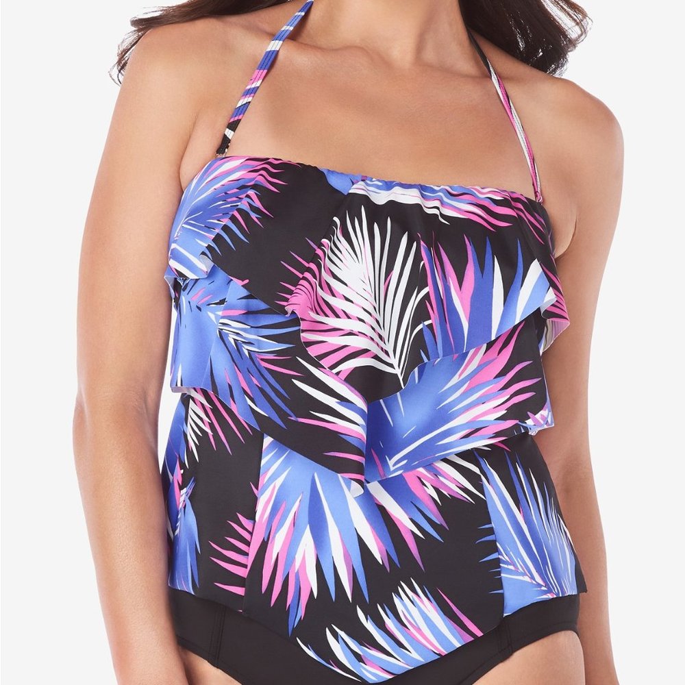 Swim Solutions Tiered Bandeau Halter Tankini Top Tropical Palm Purple Black 8
